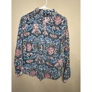 Madison Mathews Floral Cotton  Button Up Blouse Size Medium Casual Spring Blue
